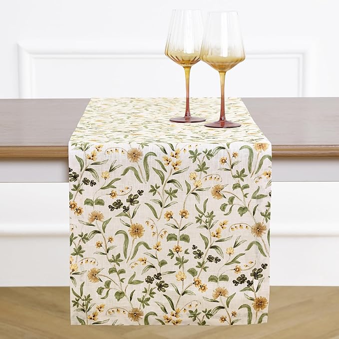 Solino Home 100% Pure Linen Table Runner 120 Inches Long - Multicolor Floral Print Table Runner 14 x 120 Inch - Handcrafted and Machine Washable - Fall Botanical Print