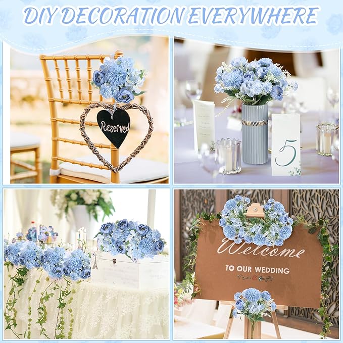 Lyrow 8 Pcs Peony Artificial Flowers Fake Silk Hydrangea Bouquet Elegant Peony Flowers for Wedding Decoration Faux Realistic Floral for Home Party Table Centerpieces Arrangement (Gradiente Blue)