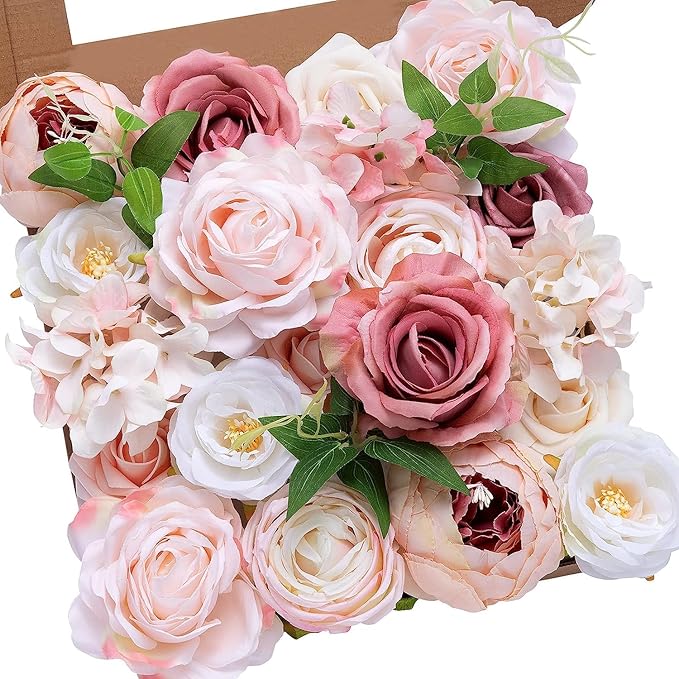 Serwalin 2PCS Artificial Flowers Pink Peonies Silk Flowers Fake Flowers Mixed Roses Combo Dusty Roses for DIY Wedding Bouquets Centerpieces Arrangements for Home Party Table Decor