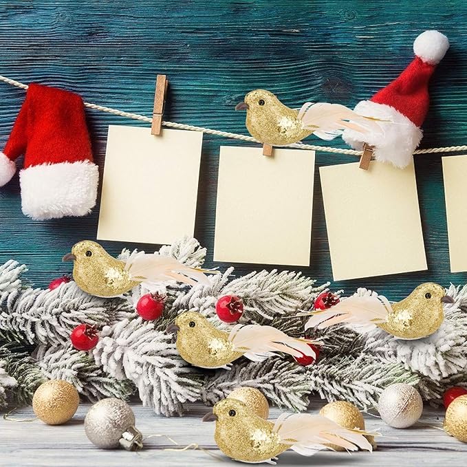 Cosweet 12 Pcs Gold Cardinal Artificial Birds with Clip - Cardinal Bird Christmas Ornament with Feather Wreath Flower Arrangement Supplies for Xmas Tree Party Decor DIY Craft Gifts