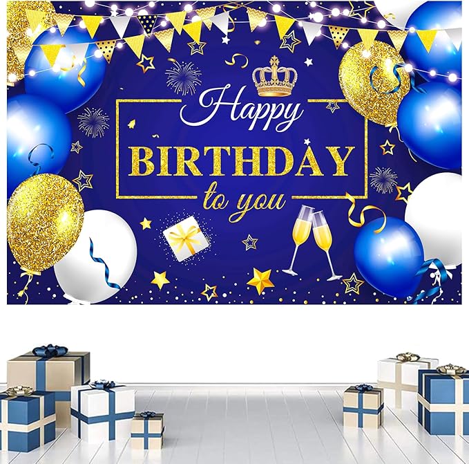 YinQin 180x120 cm Royal Navy Gold Happy Birthday Party Photography Backgrounds Backdrops Cloth 71x47 inch Glitter Navy Blue Golden Happy Birthday Sign Banners Decorations Supplies for Women Men