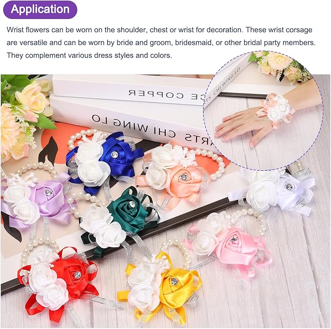 MECCANIXITY 12Pcs Wrist Corsage Artificial Flower Bracelets Rose Wrist Bride Groom Decorative for Wedding Ceremony Prom Party Anniversary Dark Blue