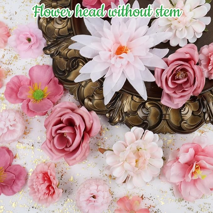 56 PCS Pink Fake Flowers Heads, Bulk Silk Flowers for Crafts, Mini Faux Flower Heads for DIY Wreath, Wedding Birthday Party Decor, Centerpieces, Home Decoration