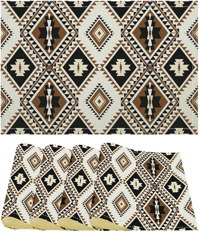 Aztec Placemats Set of 4 American Native Tribal Abstract Geometric Art Printed Dining Table Mats for Restaurant Home Kitchen Holiday Decor 12x18in