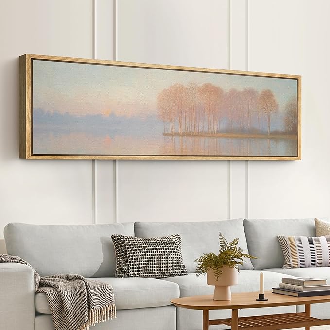 SIGNFORD Large Framed Canvas Print Wall Art Sunrise Over Autumn Trees and Lake Soft Pastel Nature Illustrations Modern Art Relax/Calm Warm for Living Room, Bedroom, Office - 60"x20"