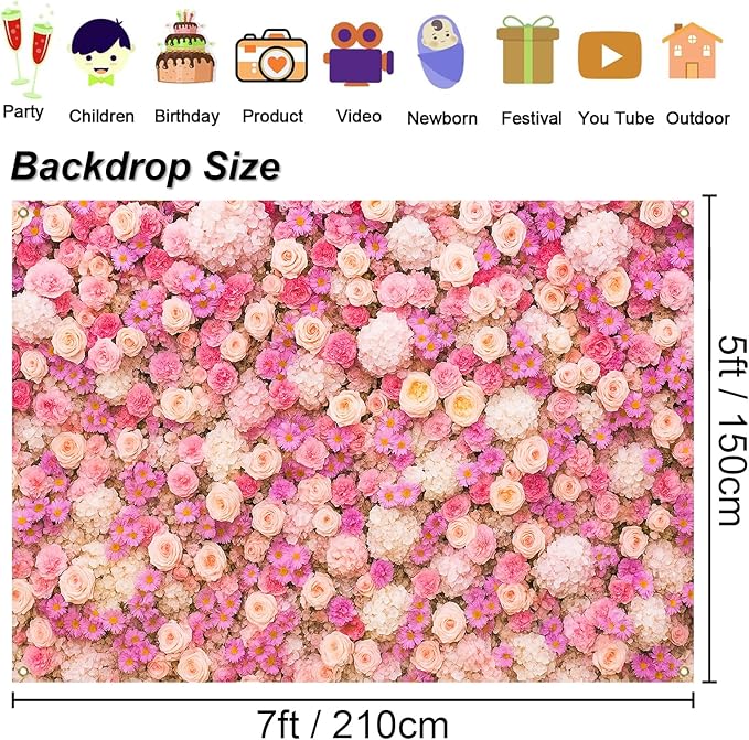 Pink Flower Wall Backdrop 7x5ft Elegant Floral Photography Background Banner for Wedding, Bridal Shower, Baby Shower Girl, Birthday Party, Engagement & Photo Booth Decor