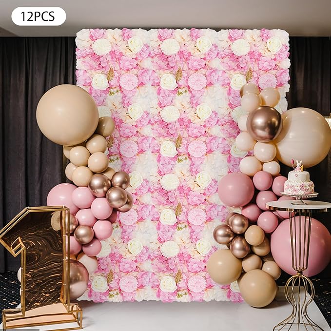12Pcs Artificial Flower Wall Panel,3D 15" X 15" Silk Rose Mat Artificial Flower Wall,Decorative Backdrop Flower Panels Wall for Wedding Party Stage Baby Shower Decor (Pink,White)