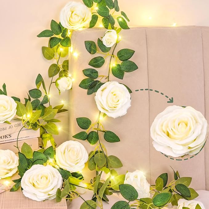 2 Pcs Flower Garland with 19.6 Ft Lights, 13.2 Ft White Floral Garland Fake Flowers for Wedding Arch Party Wall Garden Room Decor