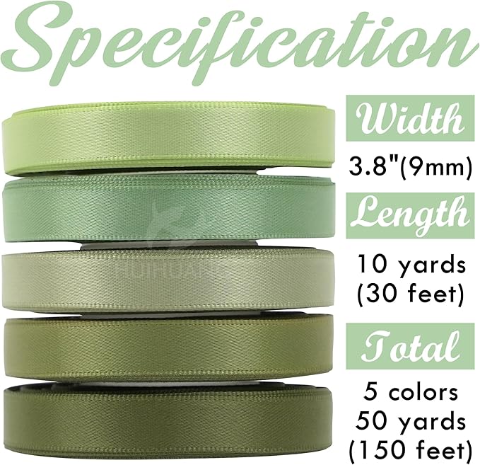 HUIHUANG Sage Green Assorted Satin Ribbon 3/8 inch x 50 Yards - 5 Colors, Perfect for Wedding Decor, Gift Wrapping, Crafts & More