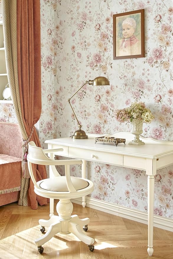 Vintage Floral Peel and Stick Wallpaper Pink Vintage Contact Paper 17in×118in Pink Rose Wallpaper Self Adhesive Removable Boho Wall Paper Waterproof for Bathroom Bedroom Decorative Vinyl Roll