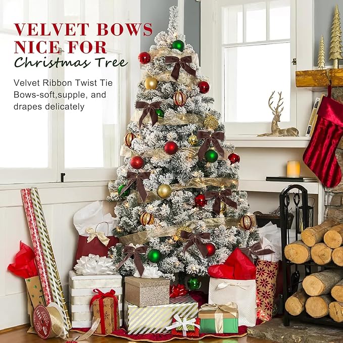 24 Pcs Champagne Brown Small Velvet Christmas Bows for Christmas Tree, Wreath, Gift Wrapping, Crafts, Wedding, Party, Twist Tie Bows for Treat Bag Bakery Candy Bags 1" W,3.5 x 3.5 inch