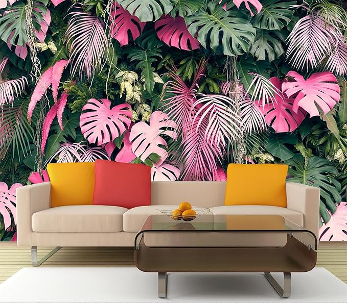 Cliouar-Leaves Green and Pink, Tropical Plants,Wall Mural Wallpaper Peel and Stick 137" x 102"