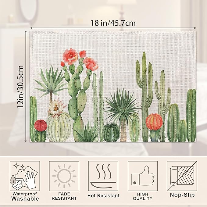 Placemats,Cactus Succulent Greenery Flower Placemats 12x18 Inch Waterproof Non-Slip Washable Table Mats for Kitchen Dining Party Table Decor,Set of 6
