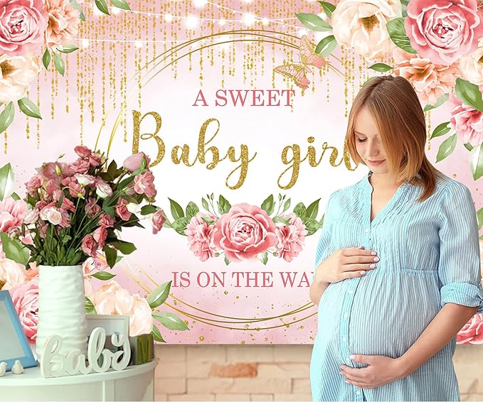 Sensfun Pink Floral Baby Girl Baby Shower Backdrop Banner Decorations Glitter Gold It's a Sweet Girl Banner Sign Photography Background for Girls Baby Shower Party Supplies Photo Booth Props 7x5ft