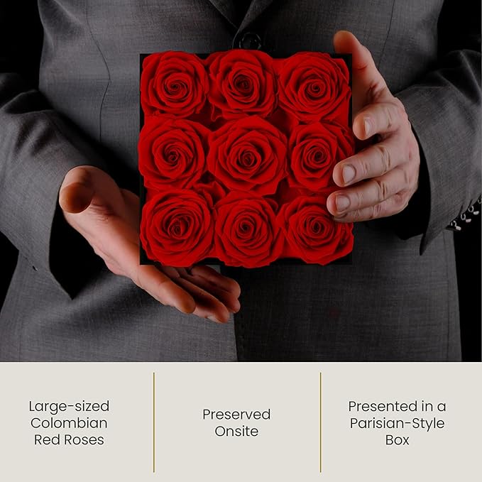 The Eternity Rose 9-Piece Preserved Roses in a Luxury Gift Box – Real Roses in Square Black Box – A Valentine’s Gift as Everlasting as Your Love