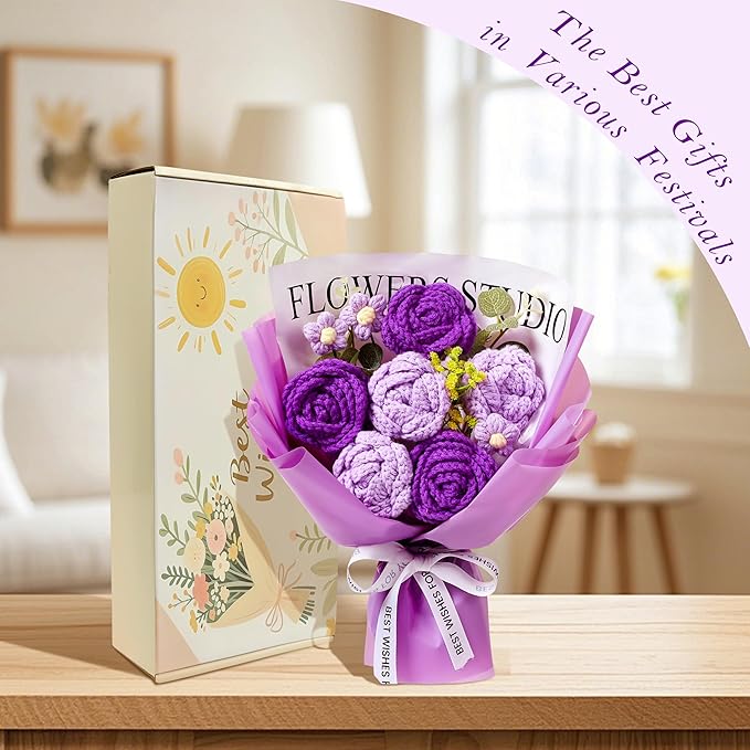 Purple Crochet Flower Bouquet, Purple Knitted Flowers Rose Crochet Bouquet Handmade for Wedding, Anniversary, Christmas, Graduation Crochet Gifts for Women (Includes Card)