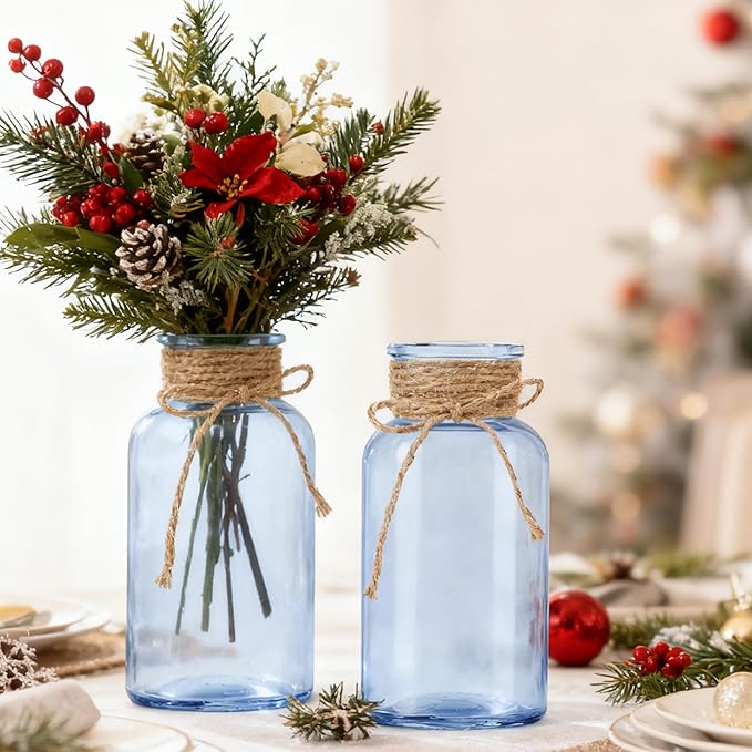 Vintage Glass Flower Vase，6 Pack Blue Farmhouse Glass Centerpiece Vases Mason Jars for Weddings, Parties & Home Decor Bulk (6, Blue)