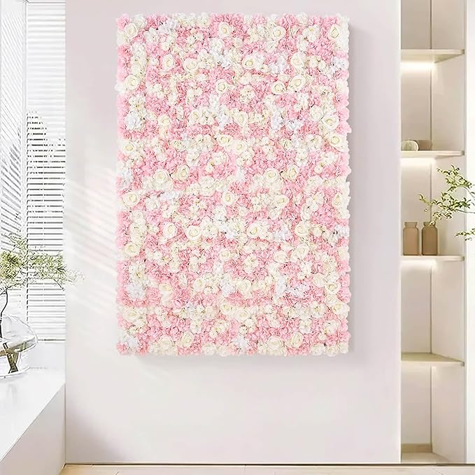 Pink Backdrop Flower Wall Panels: 3D Artificial Silk Floral Wall Panels for Wedding Birthday Decorations 24 Packs 15x15 Inches