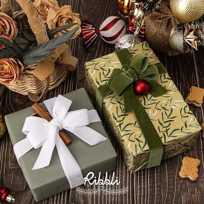 Ribbli Moss Green Velvet Ribbon,Polyester Velvet 1 Inches Continuous10-Yard Spool,Christmas Ribbon for Gift Wrapping,Floral Bouquets, Home Decor