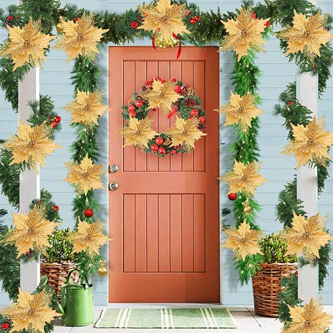 10'' Large Christmas Glitter Poinsettia Flowers Decorations, stadeco 10 Pcs Christmas Tree Picks Ornaments Artificial Flowers with Long Stems for Xmas Tree Wreath Garland Wedding Party DIY Decor