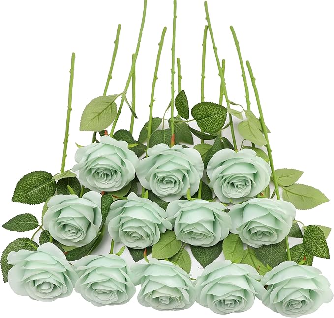 12pcs Roses Artificial Flowers Real Touch Fake Flowers with Long Stems Silk Flowers for Wedding Bouquet Centerpices Decorations Party Bridal Baby Shower Home Decor (Sage Green)