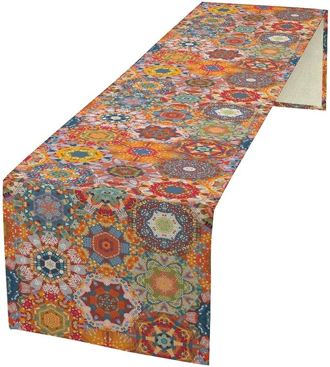Boho Table Runner, Orange Geometric Mandala Flower Fall Farmhouse Decor Table Runner for Kitchen Dining Party Home Decoration, 13x36 Inch