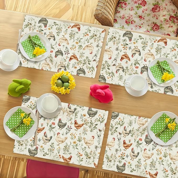 Farmhouse Rooster Placemats Set of 6, Rustic Chicken Place Mats, Country Flowers Dining Table Mats, Washable Placemats for Kitchen Dining Room Home Decor 18L'' × 12W''