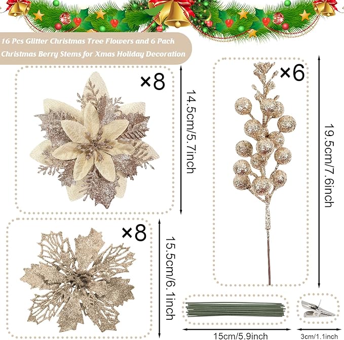 22 Pcs Champagne Christmas Poinsettia Artificial Flowers and Glitter Berries Stems Kit, Christmas Poinsettias Decorations and Christmas Tree Ornaments for Xmas Home Wedding Holiday Tree Decor