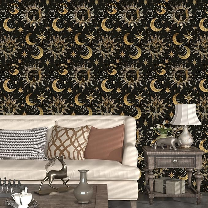Black Peel and Stick Removable Vintage Wallpaper Gold Celestial Sun Moon Star Contact Paper 17.5" x 118" Dark Boho Mural Waterproof for Wall Bedroom Kitchen Bathroom Cabinet Room Decor
