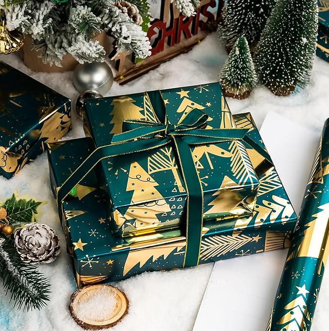 MAYPLUSS Wrap Paper Roll - 17 Inch X 33 Feet - Luxurious Metallic Foil Green Elegant Christmas Tree Winter Gift Wrapping Paper, Festive Decoration