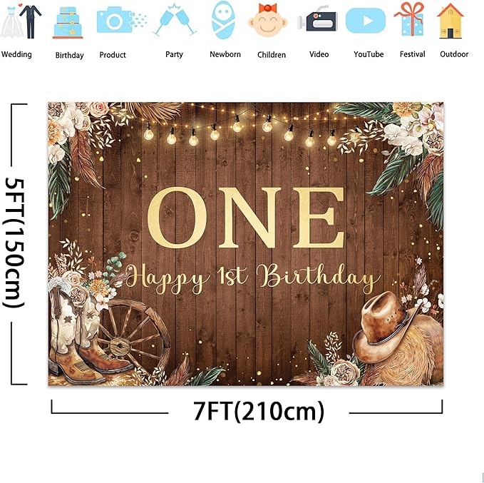 SVBright Western Cowgirl First Birthday Backdrop 7Wx5H One Year Old Retro Pampas Grass Country Flower West Rustic Wooden Boots Hat Decorations Photography Background Banner Photo Booth Studio