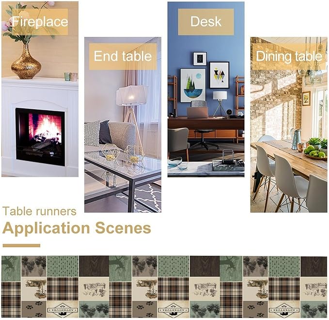Bear Deer Table Runner,Rustic Lodge Retro Country Farmhouse Buffalo Plaid Print Tablecloth Burlap for Hotel Indoors Outdoor Dining Room Kitchen Home Decor,W13X L60 in