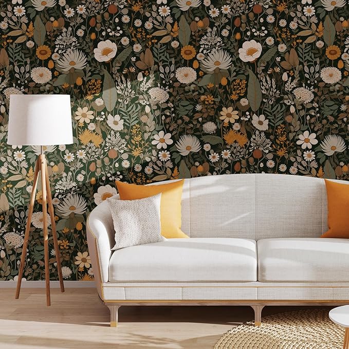 Peel and Stick Floral Wallpaper: Vintage Boho Removable - 17.71x236.2 Inch Watercolor Wild Flower Daisy