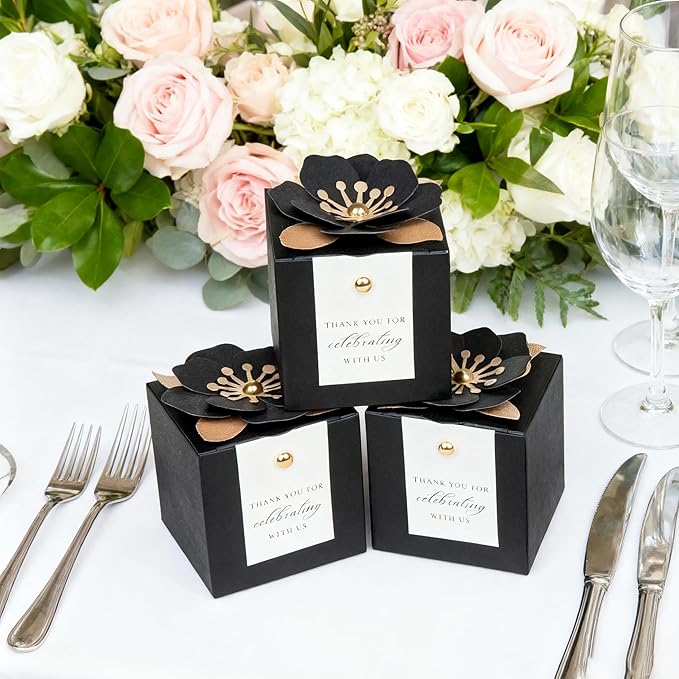 FEIYI 20 PCS Candy Boxes, 3 In 1 Black Favor Boxes with Floral Decor, White Thank You Tags Gift wrapping for Wedding Birthday Baby Shower Decorations Party -2.55x2.55x2.55''