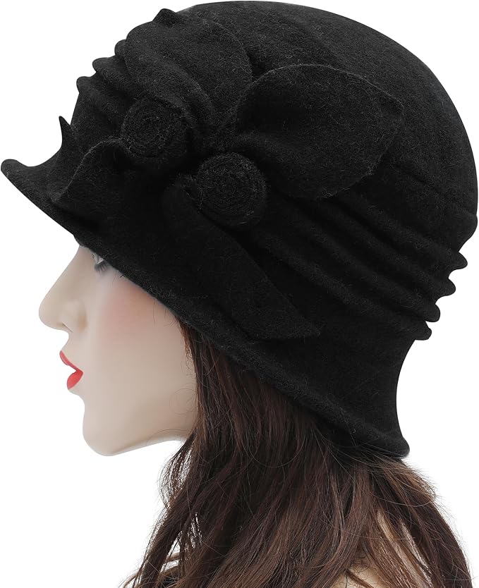 ZLYC Women Wool Cloche Bucket Hat 1920s Vintage Dress Winter Hats with Flower Accent