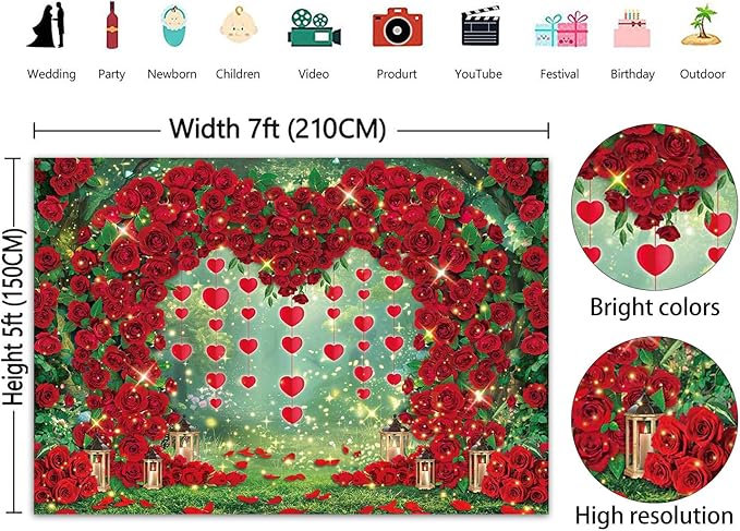 Valentine's Day Backdrop Red Rose Love Heart Garden Photography Background Floral Wedding Bridal Shower Birthday Party Decorations Photo Banner Props (82x59inch(7x5FT))