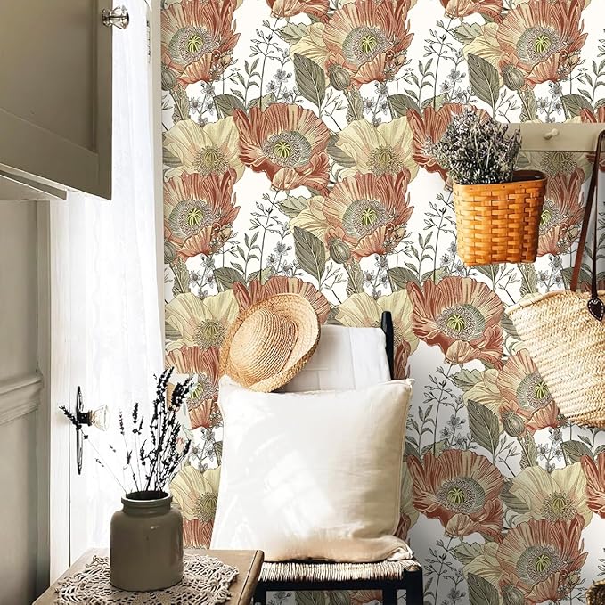 Livebor Floral Wallpaper Peel and Stick Boho Large Floral Peel and Stick Wallpaper Vintage Multicolor Flower Contact Paper 17.7'' x 118.1'' Self Adhesive Wall Paper for Bathroom Wall Covering Decor