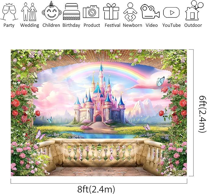 Riyidecor Pink Castle Backdrop Polyester Fabric Princess Flower Blossom Spring Floral Butterfly 8Wx6H Feet Fairy Fantasy Balcony Rainbow Photography Background Birthday Wedding Photo Studio Shoot