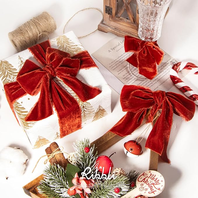 Ribbli Rust Red Velvet Ribbon 3 Inch Handmade Frayed Vintage Christmas Ribbon for Gift Wrapping Christmas Tree Ornament Wreath Craft Home Decor -3 Yards