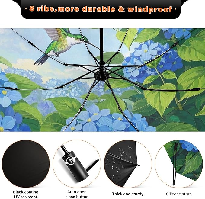 Automatic Folding Umbrella Windproof Strong, UV Protection Compact Floral Hydrangea Hummingbird Sun Rain Sun Rain Travel Umbrellas for Women Men