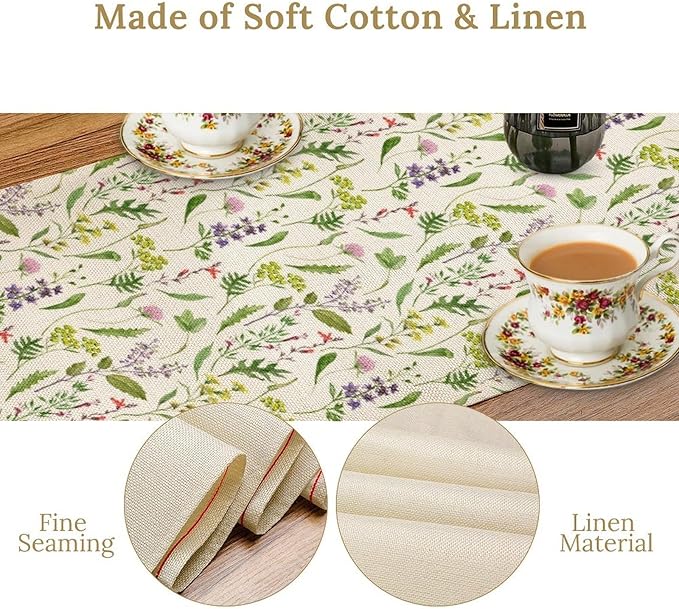 Wildflower Table Runner, Watercolor Green Botanical Flowers Vintage Bohemian Design Table Runner for Kitchen Dining Home Party Home Decor , 13x108 Inch