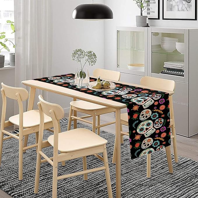 Gothic Skull Table Runner,Vintage Style Colourful Table Runner for Home Kitchen Table Dining Garden Farmhouse Wedding Party Decor 13x60 Inch