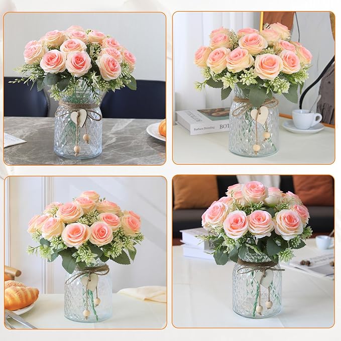 Fake Flowers in Vase,Fake Flowers with Vase 18 Pcs Faux Rose Flowers,Artificial Flowers for Home Decor, Indoor Centerpiece for Living Room & Dining Table (Pink)