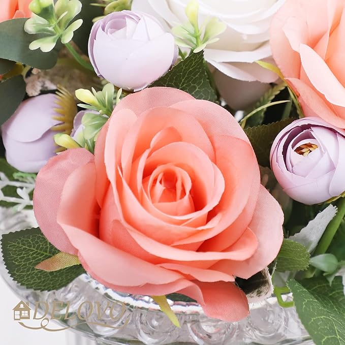 52pcs Coral Peach Roses Artificial Flowers Fake Flowers Silk Roses with Stems for DIY Wedding Bouquets Bridal Shower Centerpieces Arrangements Party Decorations