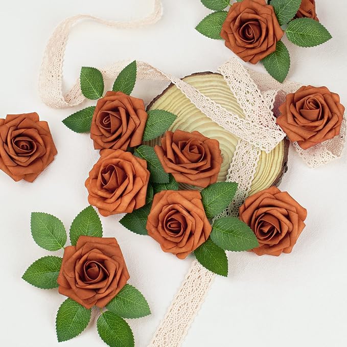 Mocoosy 50Pcs Burnt Orange Artificial Rose Flowers, Terracotta Fake Rose for Decorations, Real Touch Rust Foam Rose Bulk with Stem Wedding Floral Arrangement Bridal Shower Rustic Party Home Decor