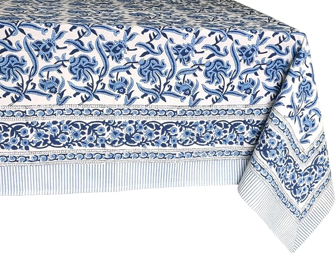 ATOSII Midnight Bloom 100% Cotton Spring Summer Tablecloth, Hand Block Print Rectangle Table Cover for Kitchen Dining Linen I Parties, Outdoors, Wedding, Easter I 72 X 140 Inches I 12 Seater