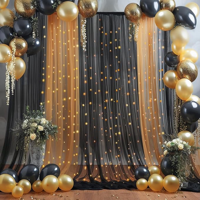 20x10ft Black Tulle Backdrop Curtain with Lights String for Parites, Sheer Backdrop Curtains for Wedding Baby Shower Birthday Party Photo Shoot Decorations
