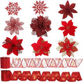 RECUTMS 9 Styles Christmas Red Glitter Artificial Poinsettia Flower Tree Ornaments with Ribbon Snowflake for Tree Wreaths Garland Floral Gift Winter Wedding Holiday Decoration(Red)