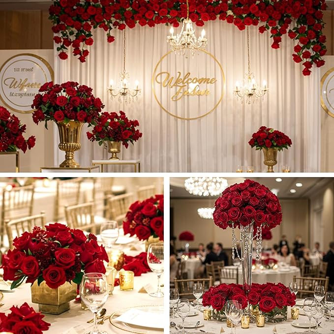Auihiay 60Pcs Red Roses Artificial Flowers, Velvet Silk Faux Roses, Realistic Red Flowers for Wedding Centerpieces, Cake, Bridal Bouquets, Home Decor, Anniversary, Valentine's Day Decorations