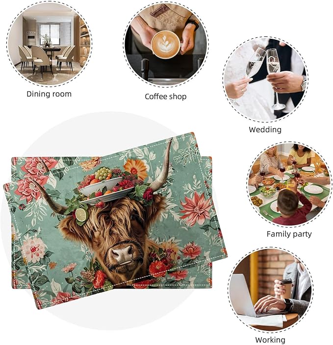 Highland Cow Placemats Set of 4 Farmhouse Flower Cattle Fruits Placemats Funny Animal Table Mats Wildlife Farmhouse Cow Place Mats for Party Kitchen Dining Decoration 4 PCS